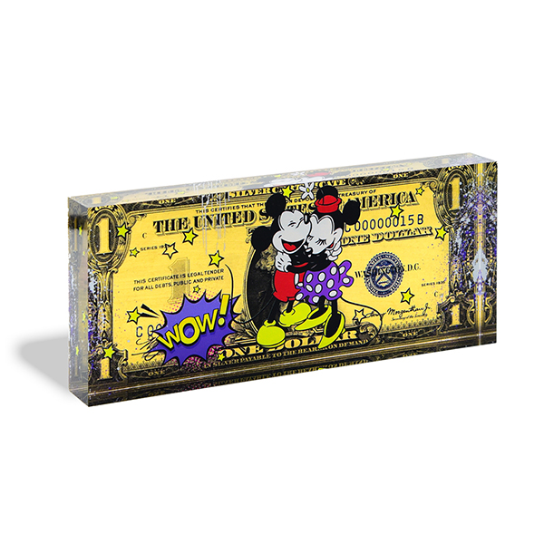 One Dollar Mickey 2020;Mixed Media auf Acrylblock mit Blattgold, Acrylblock, 200 Exemplare,;10 x 23 x 3 cm;280 - Galerie Wroblowski